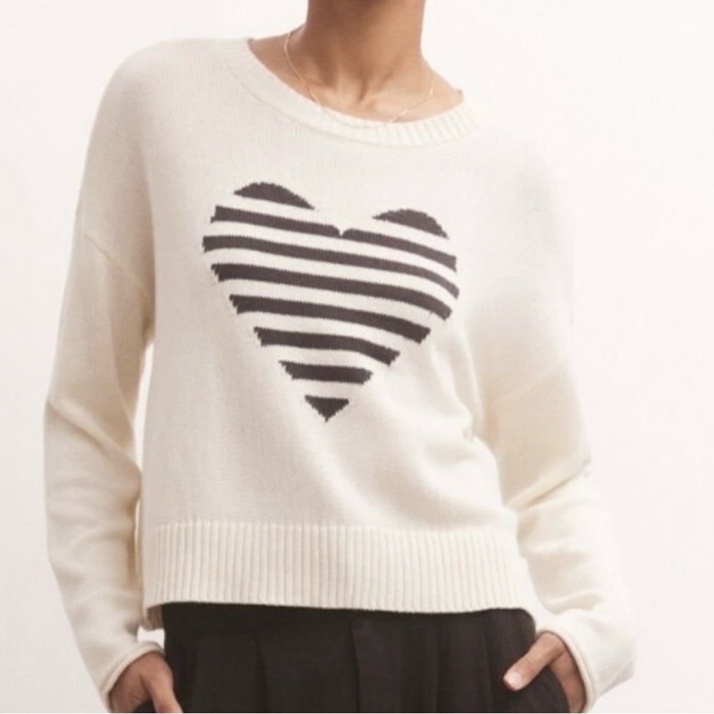 Z Supply Cream and Black Heart Graphic Crew Neck Sweater